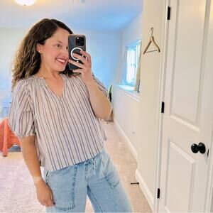 THE GREAT. Red White Blue Striped Cotton Puff Sleeve Blouse Top 1 Small